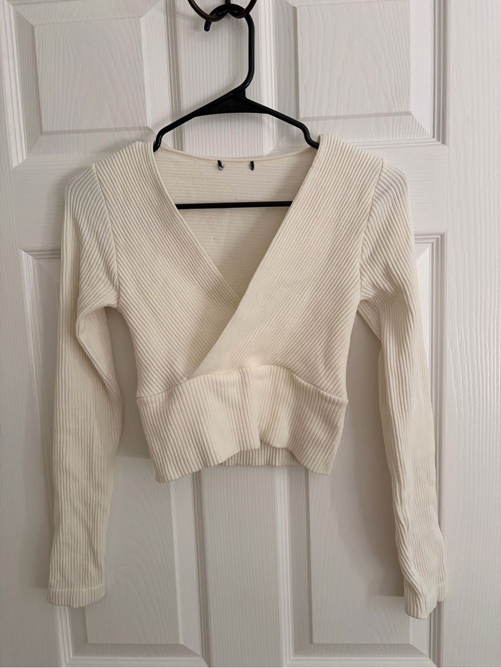 Zara Cream Ribbed Wrap-Front Long Sleeve Top